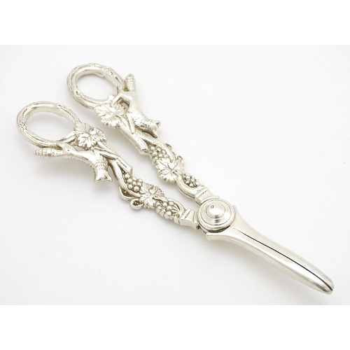 306 - Silver grape shears with fruiting vine and fox decoration hallmarked Sheffield 1971, maker J B Chatt... 