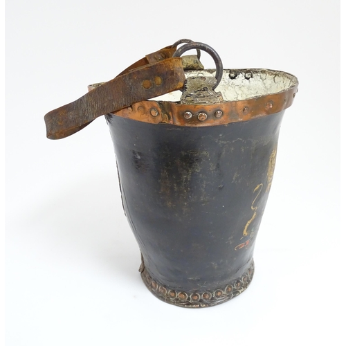 1272 - A 19thC leather fire bucket with Royal insignia / coat of arms with copper banding. Approx. 11 1/2