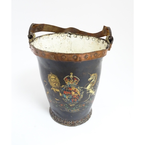 1272 - A 19thC leather fire bucket with Royal insignia / coat of arms with copper banding. Approx. 11 1/2