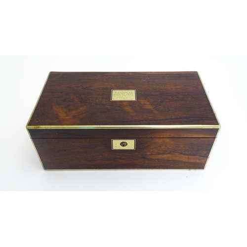 1284 - A 19thC brass bound rosewood writing box / slope with twin campaign style handles, single drawer und... 