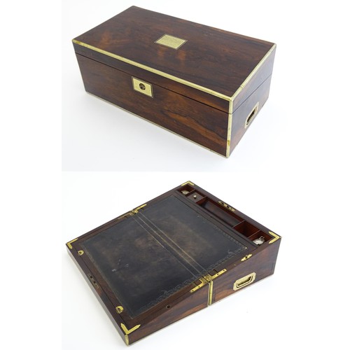 1284 - A 19thC brass bound rosewood writing box / slope with twin campaign style handles, single drawer und... 