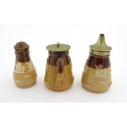 125 - A Royal Doulton two tone stoneware three piece cruet set comprising salt, pepper and mustard, decora... 