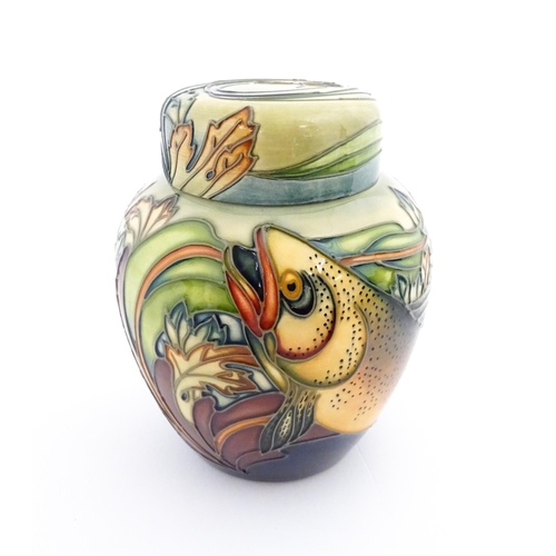 144 - A Moorcroft ginger jar decorated in the Trout pattern with fish detail. Marked under with makers mar... 