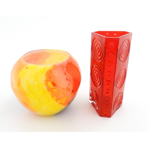 225 - A red Dartington crystal vase together with an Art Glass bowl in orange yellow and black. Largest ap... 