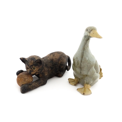 163 - A Chinese model of a duck with a celadon style glaze. Together with a Bretby model of a kitten / cat... 