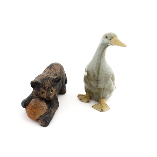 163 - A Chinese model of a duck with a celadon style glaze. Together with a Bretby model of a kitten / cat... 