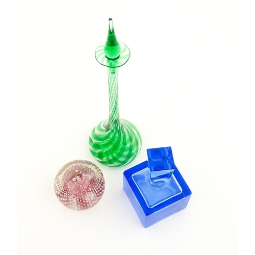 248 - Three assorted items of art glass to include a retro blue glass perfume / scent bottle and stopper, ... 