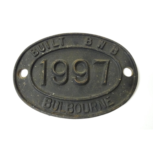 1085 - British Waterways Board Interest: A 20thC cast iron plaque of oval form titled 'Built BWB 1997 Bulbo... 