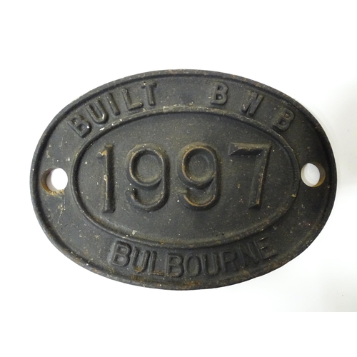 1085 - British Waterways Board Interest: A 20thC cast iron plaque of oval form titled 'Built BWB 1997 Bulbo... 