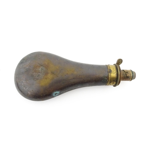 1108 - A copper powder flask by G. & J. W. Hawksley, the brass spout stamped with maker's name, approx 7 3/... 