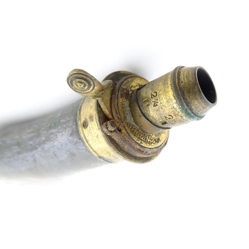 1108 - A copper powder flask by G. & J. W. Hawksley, the brass spout stamped with maker's name, approx 7 3/... 