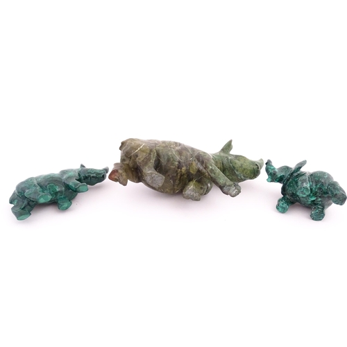 1122 - Ethnographic / Native / Tribal : Two 20thC carved malachite style animals comprising a rhino and an ... 