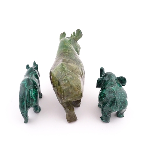 1122 - Ethnographic / Native / Tribal : Two 20thC carved malachite style animals comprising a rhino and an ... 