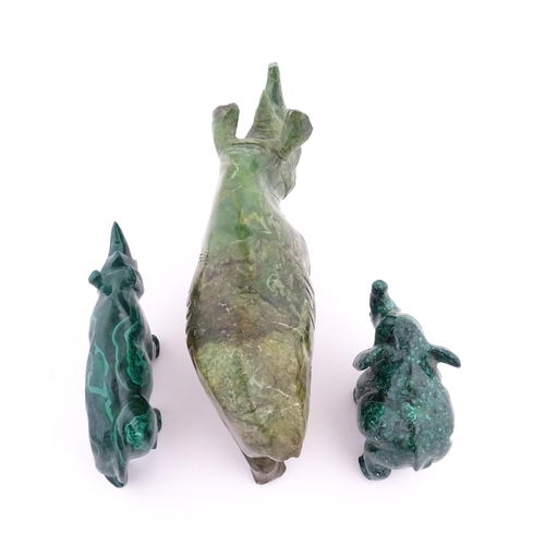 1122 - Ethnographic / Native / Tribal : Two 20thC carved malachite style animals comprising a rhino and an ... 