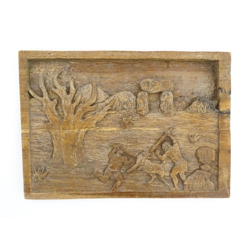 1138 - Ethnographic / Native / Tribal: Two carved wooden tableaux / plaques, one depicting monkeys in a roc... 