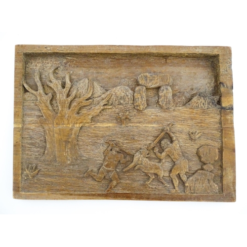 1138 - Ethnographic / Native / Tribal: Two carved wooden tableaux / plaques, one depicting monkeys in a roc... 