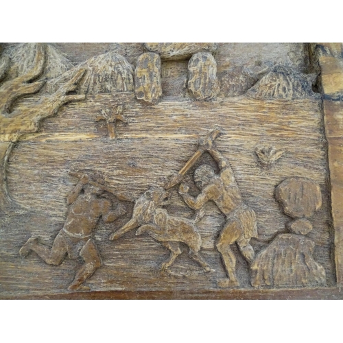 1138 - Ethnographic / Native / Tribal: Two carved wooden tableaux / plaques, one depicting monkeys in a roc... 