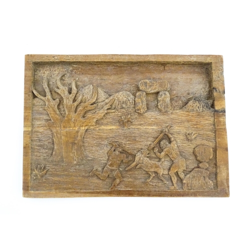 1138 - Ethnographic / Native / Tribal: Two carved wooden tableaux / plaques, one depicting monkeys in a roc... 