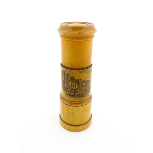 1148 - A 19thC Mauchline ware sewing needle / bodkin case modelled as a telescope, with a vignette depictin... 