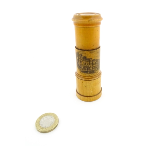 1148 - A 19thC Mauchline ware sewing needle / bodkin case modelled as a telescope, with a vignette depictin... 