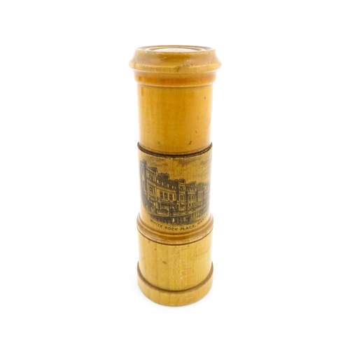 1148 - A 19thC Mauchline ware sewing needle / bodkin case modelled as a telescope, with a vignette depictin... 