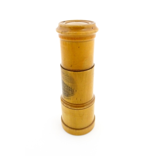 1148 - A 19thC Mauchline ware sewing needle / bodkin case modelled as a telescope, with a vignette depictin... 