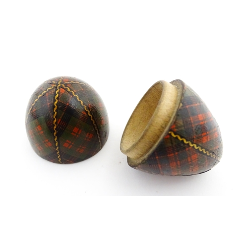 1154 - A 19thC Tartan ware sewing thimble case of egg form, titled McDonald. Approx. 2