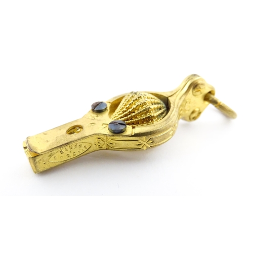 1157 - Sewing Interest: A late 19th / early 20thC French gilt metal needle threader. Marked Bte SGDG Paris.... 