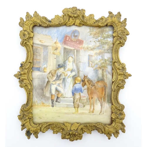 1159 - A 19thC miniature watercolour depicting figures and a young boy with a horse outside a pub / inn. Si... 