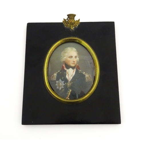 1161 - An early 20thC watercolour portrait miniature depicting Lord Horatio Nelson. Signed Cosway lower rig... 