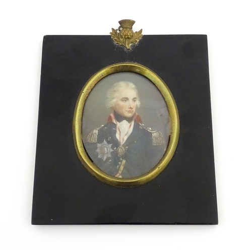 1161 - An early 20thC watercolour portrait miniature depicting Lord Horatio Nelson. Signed Cosway lower rig... 