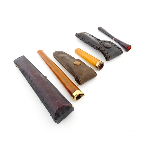 1171 - Three assorted early 20thC cheroot mouthpieces one with a Continental gold mount / ejector slide, an... 