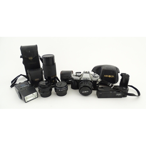 1179 - A Minolta XG-M camera and Minolta Drive 1 with Tamron Adaptall 2 1:25 28mm lens together with a Vivi... 