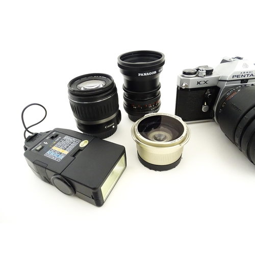 1185 - A Pentax Asahi K1000 and Pentax Asahi KX with Tamron Aspherical 28-200mm lens together with a Centon... 