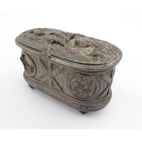 1194 - A 19thC Continental electroplate jewellery box decorated with roundels with hunting scene detail, th... 