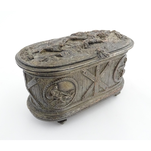 1194 - A 19thC Continental electroplate jewellery box decorated with roundels with hunting scene detail, th... 