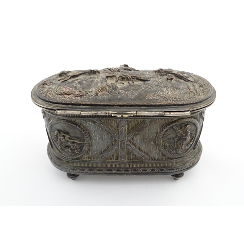 1194 - A 19thC Continental electroplate jewellery box decorated with roundels with hunting scene detail, th... 