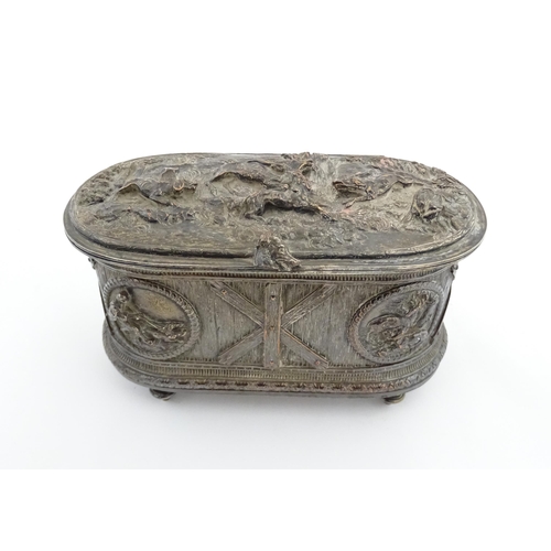 1194 - A 19thC Continental electroplate jewellery box decorated with roundels with hunting scene detail, th... 