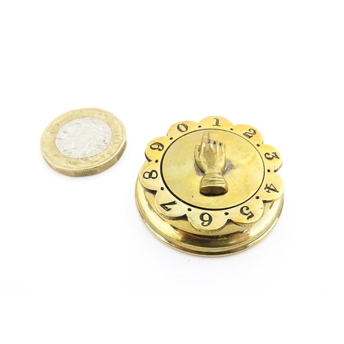 1196 - A Victorian brass whist marker with hand marker and scallop edged bezel. With registration diamond v... 