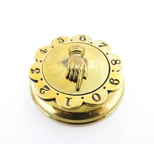 1196 - A Victorian brass whist marker with hand marker and scallop edged bezel. With registration diamond v... 