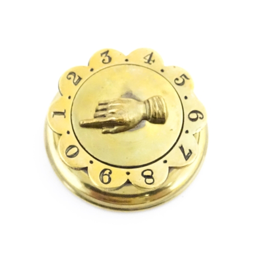 1196 - A Victorian brass whist marker with hand marker and scallop edged bezel. With registration diamond v... 