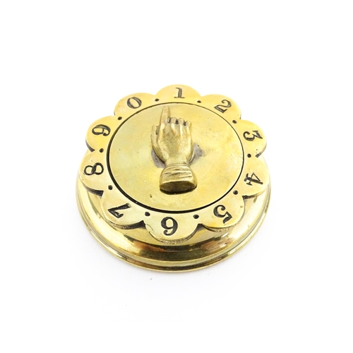 1196 - A Victorian brass whist marker with hand marker and scallop edged bezel. With registration diamond v... 