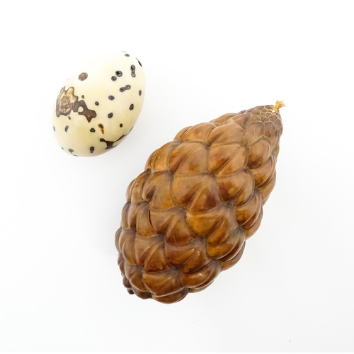 1201 - A Raffia Palm fruit. Together with a resin model of a speckled egg. Largest approx. 3 3/4