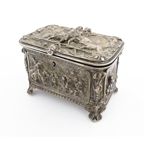 1205 - A 19thC Continental electroplate jewellery box decorated with figures and animals in landscapes, the... 