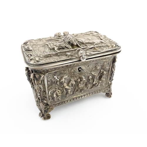 1205 - A 19thC Continental electroplate jewellery box decorated with figures and animals in landscapes, the... 