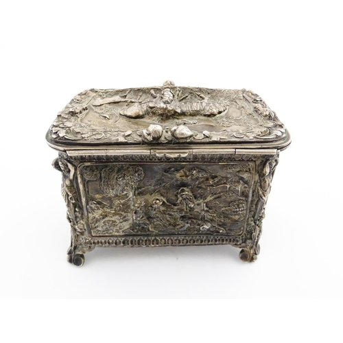 1205 - A 19thC Continental electroplate jewellery box decorated with figures and animals in landscapes, the... 