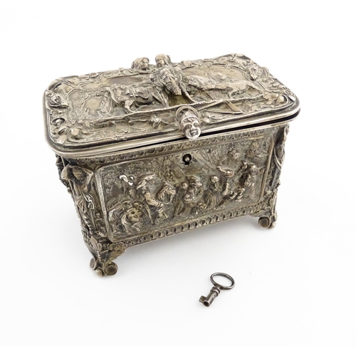 1205 - A 19thC Continental electroplate jewellery box decorated with figures and animals in landscapes, the... 