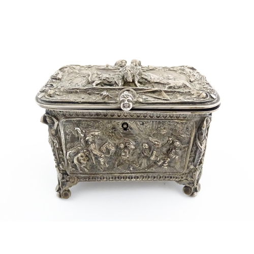 1205 - A 19thC Continental electroplate jewellery box decorated with figures and animals in landscapes, the... 