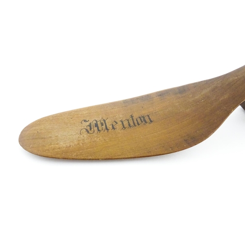 1210 - A 19thC French novelty treen souvenir shoehorn modelled as a ladies heeled shoe engraved Menton. App... 