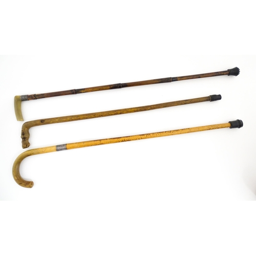 1244 - Three assorted Victorian and later walking sticks / canes, one with a horn handle and silver collar ... 